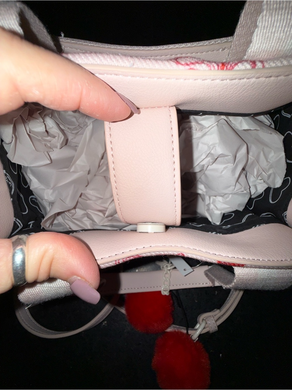 NEW LUV BETSEY JOHNSON Pink Red Cherry RUFFLE TOP HANDLE crossbody pompom Bag - Picture 13 of 16